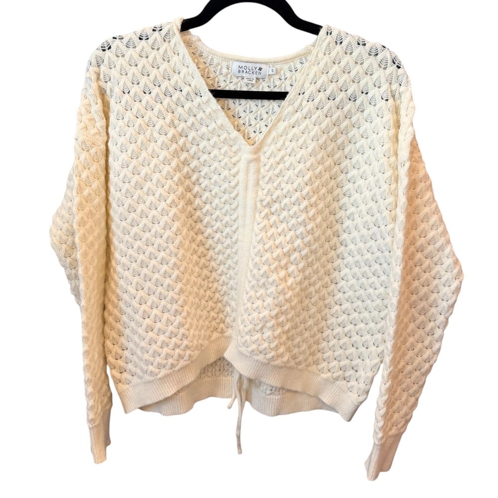 Molly Bracken Sweater Womens Cream Pointelle Open Knit V-Neck Boho Small
